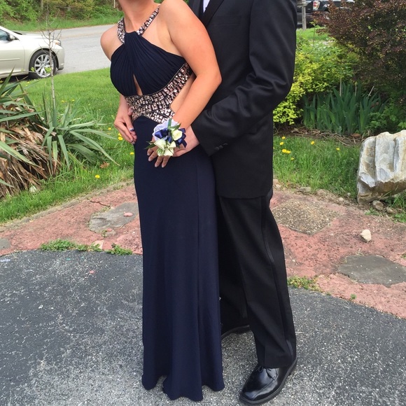 Navy Blue Prom Dress w/ Rose Gold Gems - Picture 3 of 3