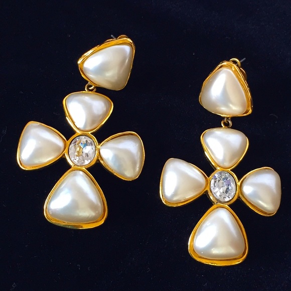 Chanel Maltese Pearl Cross Rhinestone Earrings - Picture 2 of 4