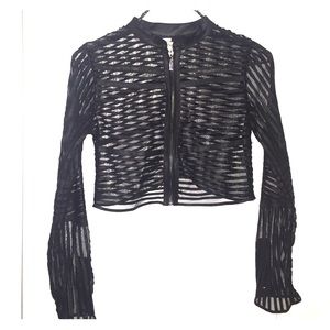 Mesh Striped Faux Leather Cropped Jacket
