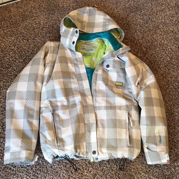 Grey/white plaid snow jacket w/ holographic design