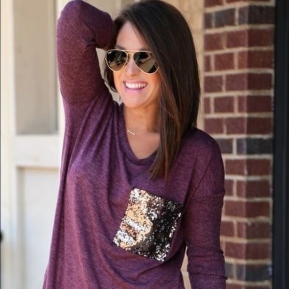 Boutique Tops - Purple jersey style tee shirt with gold sequin