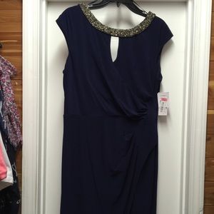 Navy cocktail dress with beaded silver neckline.