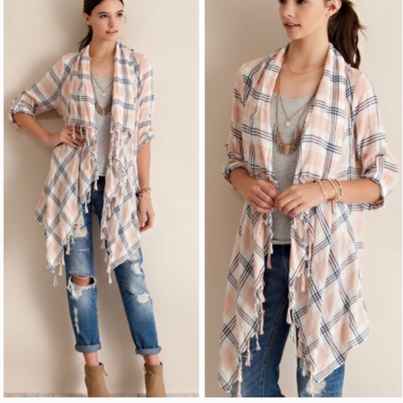 Sweaters - •plaid fringed cardigan•