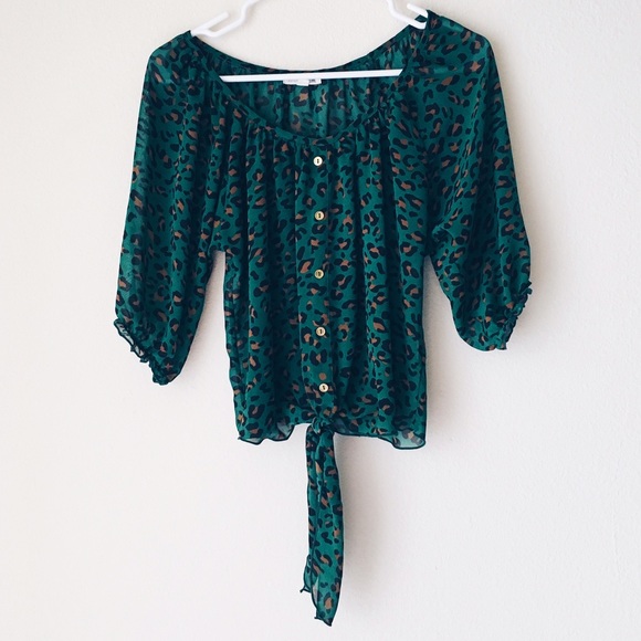 • new • Emerald Leopard Print Tie Blouse