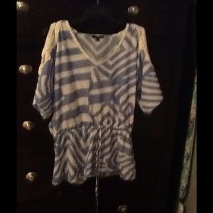 Blue and white striped drawstring, crochet top