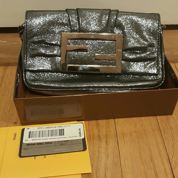 FENDI pewter leather evening clutch chain bag auth
