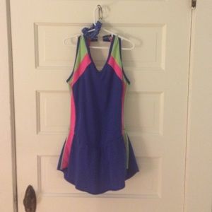Blue, pink and green figure skating dress