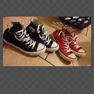 Two pair of converse red low top black high top