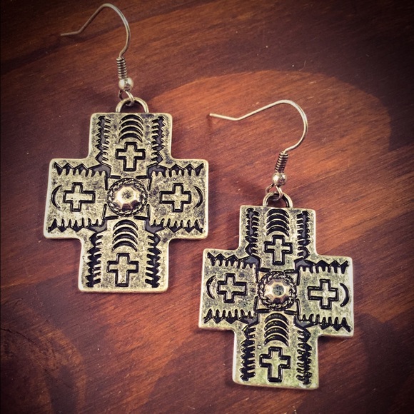 Jewelry - Antique Silver Stamped Cross Earrings