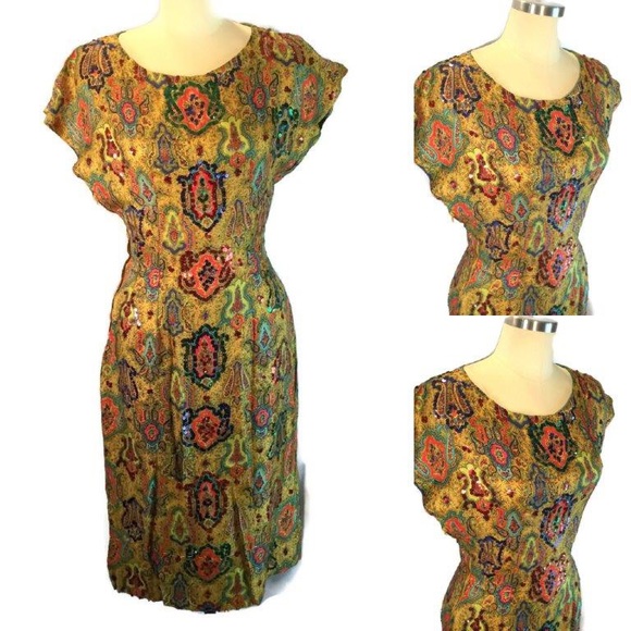 SOLD Vtg Homesewn Paisley Sequin Dress Wiggle Pinup - Picture 1 of 4