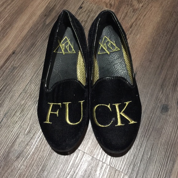 Yru Shoes - Black Velvet loafer with gold embroidered FUCK