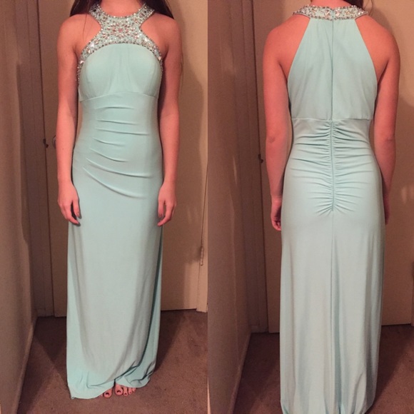 Turquoise prom dress with silver sequin