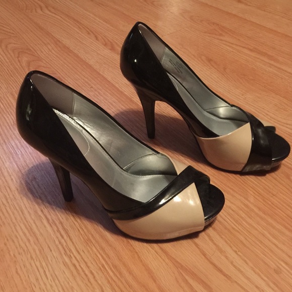Black Patton/beige open toed dress shoes.
