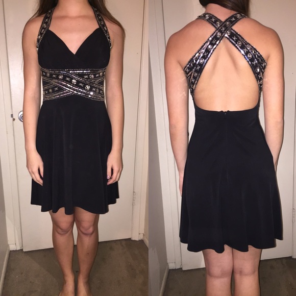 Black dress with silver sequin, open back