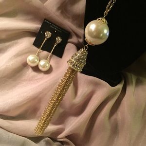 Tassel Pearl & Rhinestone Necklace w/Earrings
