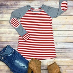 Striped top with elbow patches.