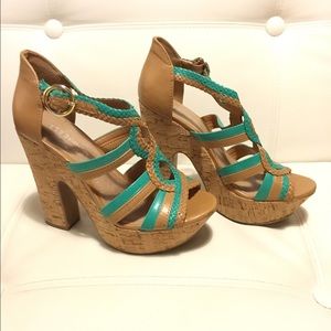 BCBGeneration platform sandals. Teal and tan