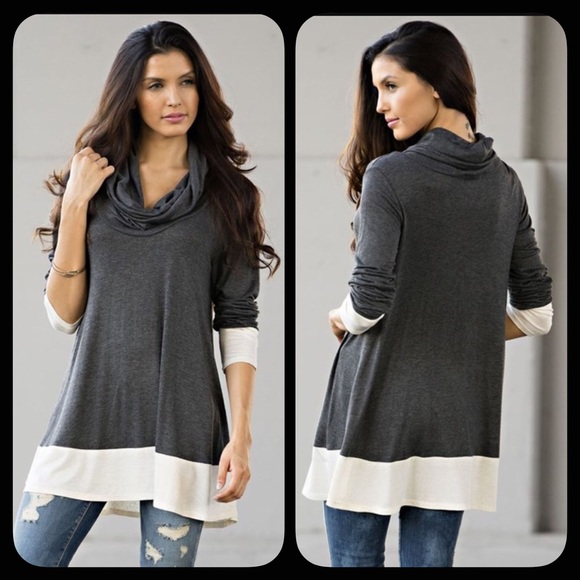 Gray Casual Colorblock Cowl Neck Tunic Top - Picture 2 of 4