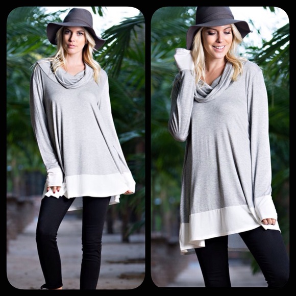 Gray Casual Colorblock Cowl Neck Tunic Top - Picture 3 of 4