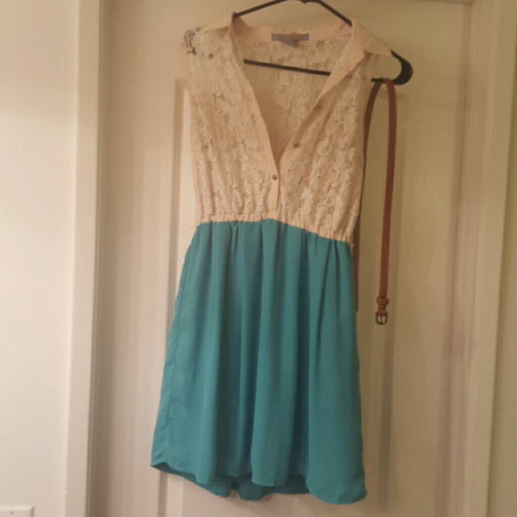 White and teal dress with lace top