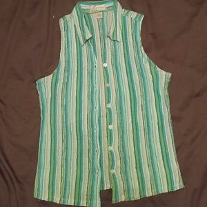 Striped blue sleeveless button-down blouse