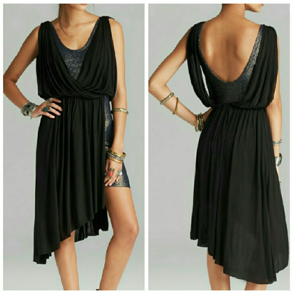 Free People foiled navy/black drape dress XS