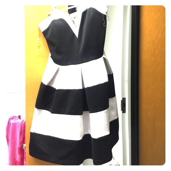 Black and white striped strapless dress