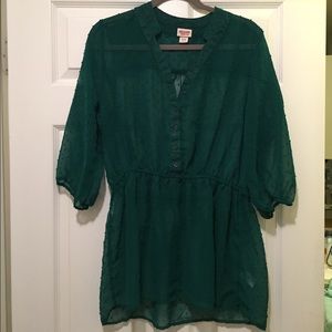 Green cinched polka dot sheer top