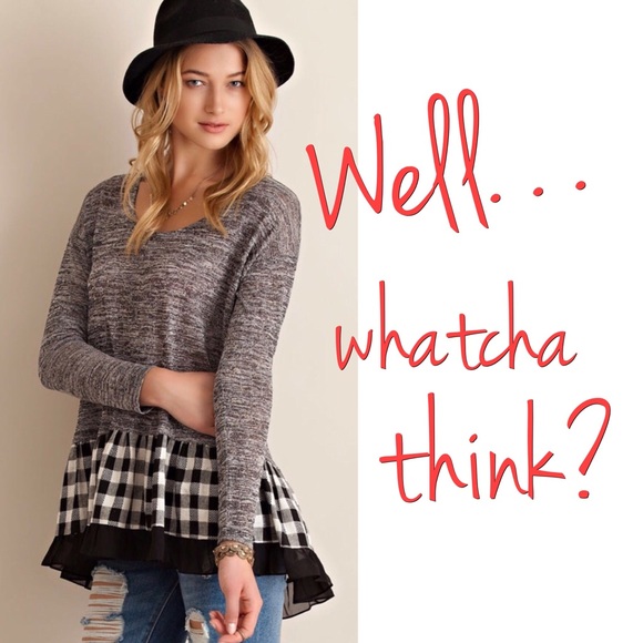 🌺HP 2/23🌺MELANGÉ TOP WITH PLAID RUFFLE HEM - Picture 2 of 3