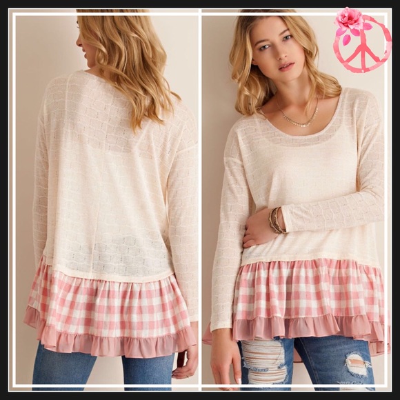 🌺HP 2/23🌺MELANGÉ TOP WITH PLAID RUFFLE HEM - Picture 3 of 3