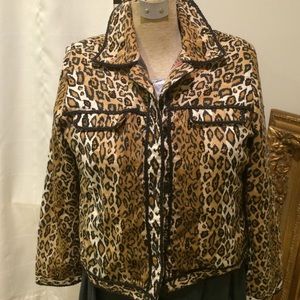 ANAGE leopard motif Jacket w/ Leather braid piping