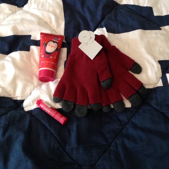 Pleasant plum hand cream and Chapstick and gloves