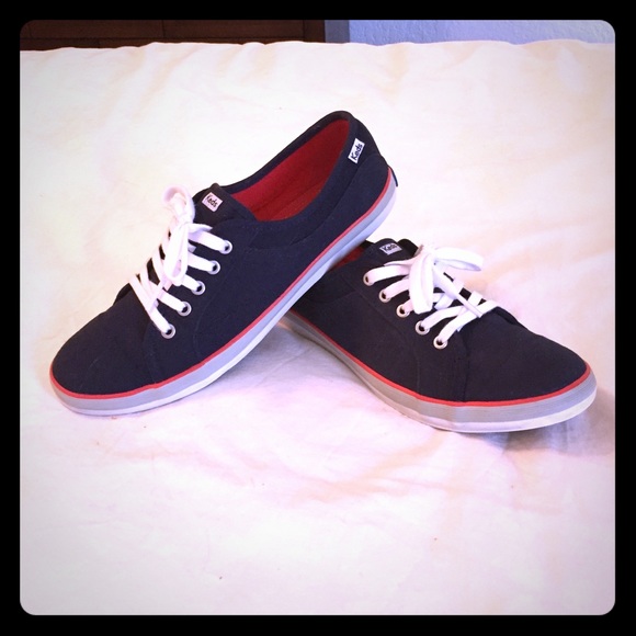 Keds, sz 8.5. Navy blue. Grey, white, coral trim.