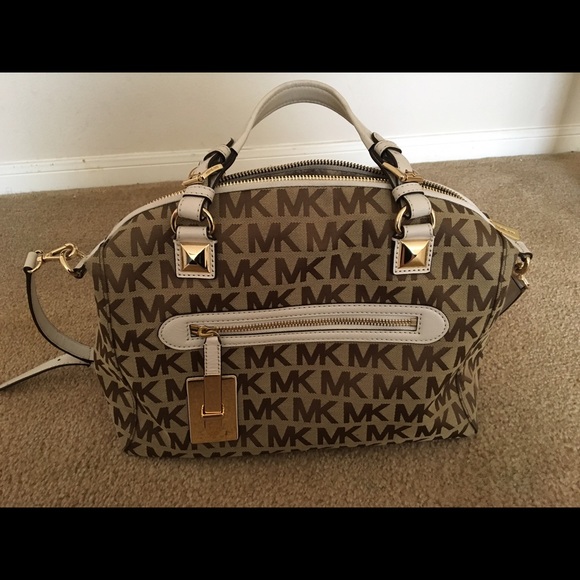 Tan and white MK logo shoulder tote