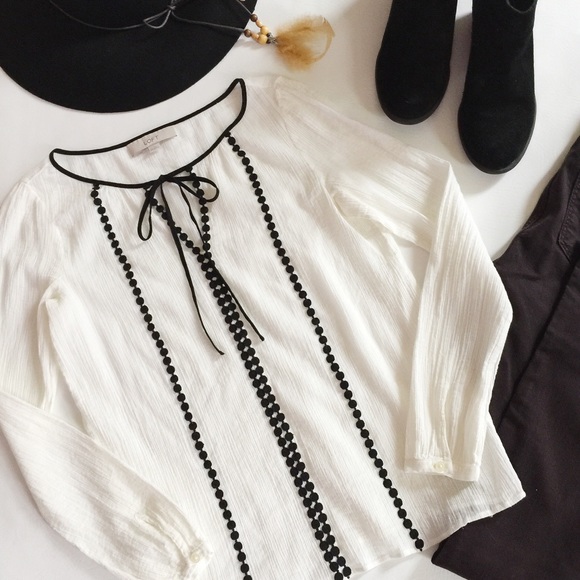 LOFT Tops - Loft Embroidered Tie Neck Peasant Top