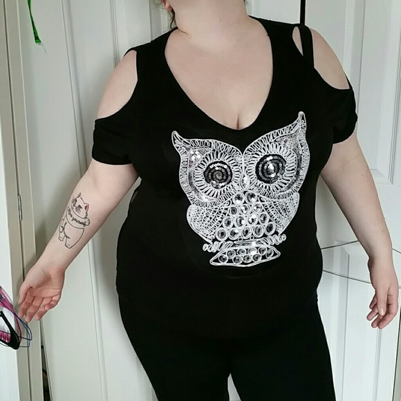 Tops - Sequin owl cold shoulder top 2x lace back
