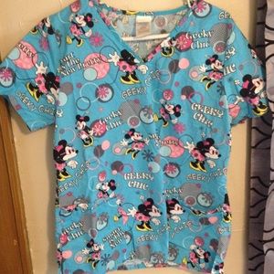 Bright blue Minnie Mouse scrub top