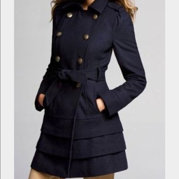 Express Tiered-Bottom Wool Trench Coat- Navy Blue