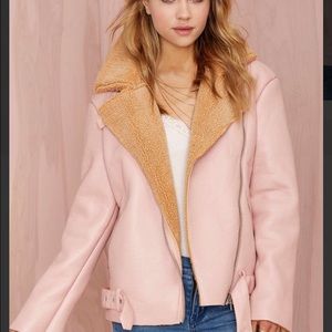 Pink shearling and vegan leather jacket