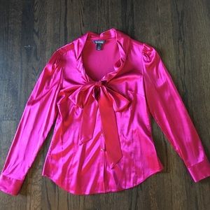 White House/Black Market Pink Satin Bow Blouse