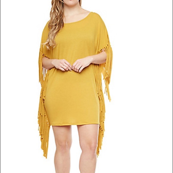 Fringed Knit Tunic Dress With Dolman Sleeves