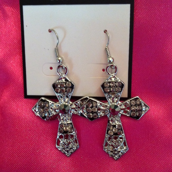 fashion Jewelry - Silver Black Cross Earrings