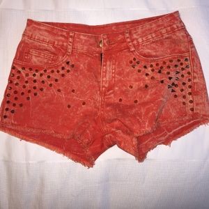 Acid wash studded denim shorts
