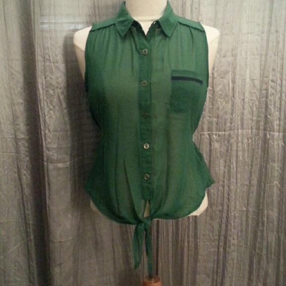 green sheer button down top
