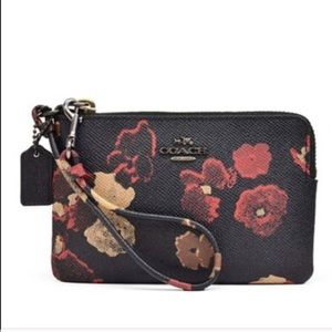 COACH Black Flower Leather Corner Zip Wristlet