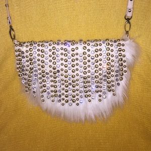 Faux fur crystal and studded cross body bag