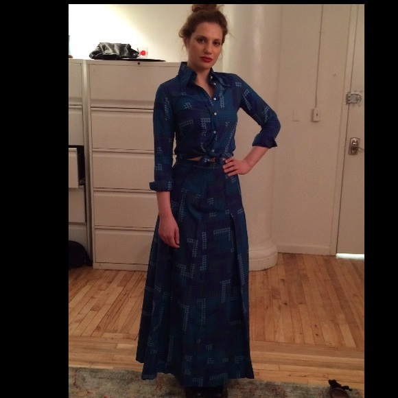 Vintage blue 2 piece skirt set 70s maxi skirt