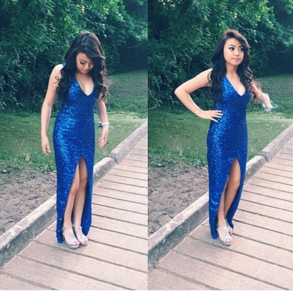 Nasty Gal Dresses & Skirts - SOLD Nasty Gal blue sequin middle slit prom dress