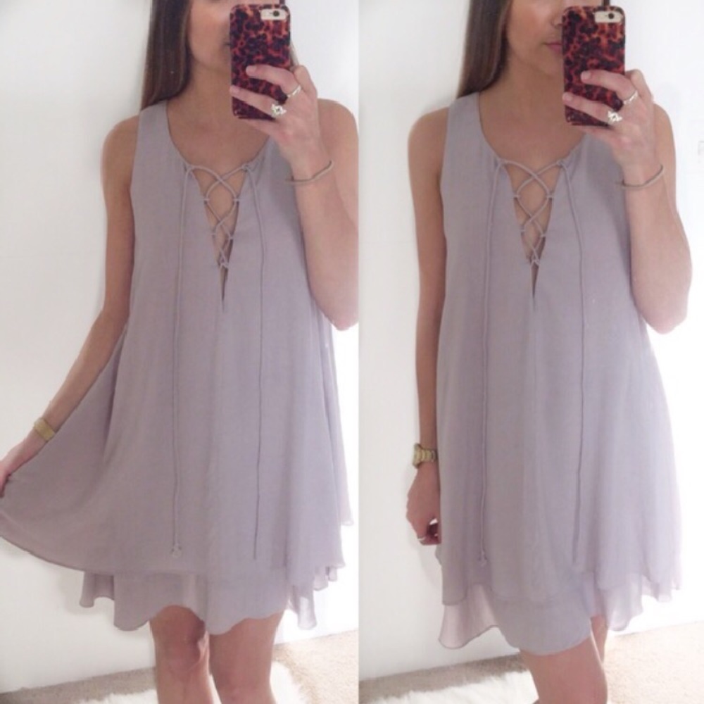 LAST ONE • Gray Lace Up Shift Dress - Picture 2 of 4