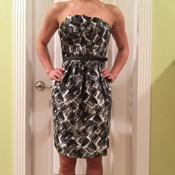 Satin Brushstroke Printed Strapless Dress